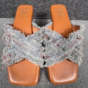 Vince Camuto Criss Cross Slide On Sandals 7.5M Fringe Blue Boho Hippie Vaca Flat
